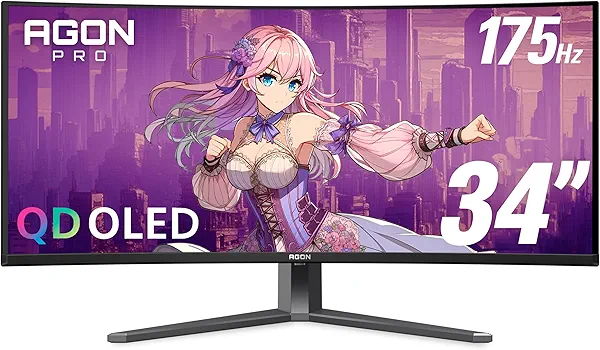 AOC Agon PRO AG346UCD 34'' Ultra Wide Curved QD OLED Gaming Monitor, 21:9 WQHD 3440x1440, 175Hz 0.03ms, G-Sync Compatible, HDR 400 True Black, USB 3.2, Height Adjustable, Console Gaming Ready