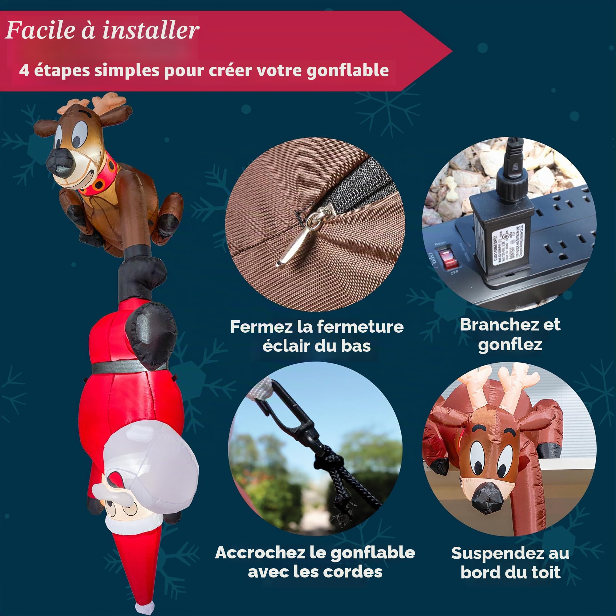 Joiedomi Décoration Gonflable de Noël 2,4 m - Renne et Père Noël Grimpant - LED Intégrée pour Intérieur, Extérieur, Cour, Jardin, Pelouse