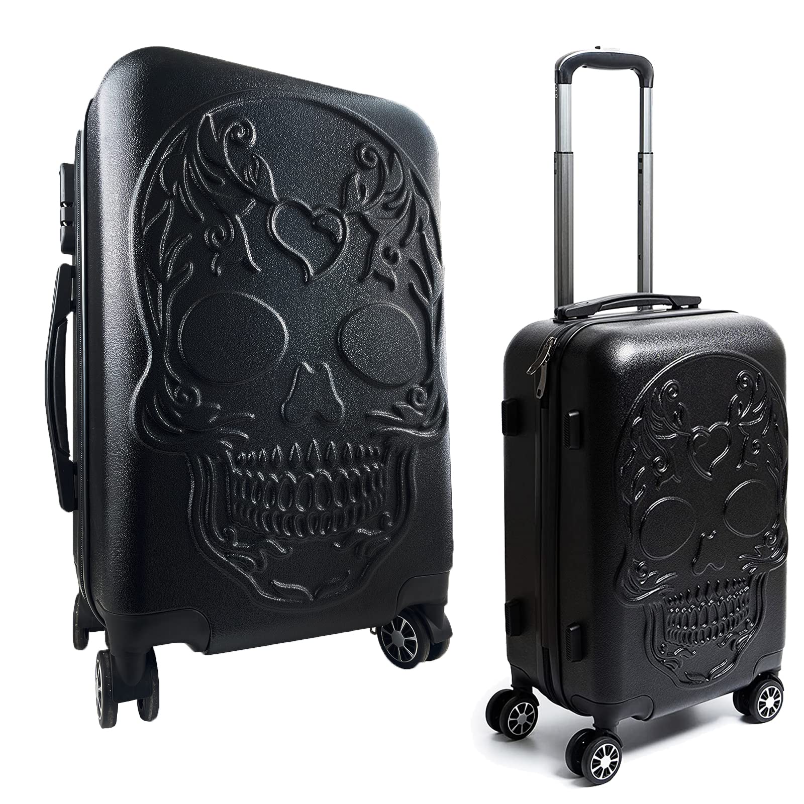 Sugar Skull Travel Suitcase with Wheels - Spinner Rolling Luggage Bag for Traveling - 14.2" x 21.5" x 8.7" Hard Shell Spinner Carry On Baggage for Vacations, Weekender, Traveler Calavera Skeleton Bags