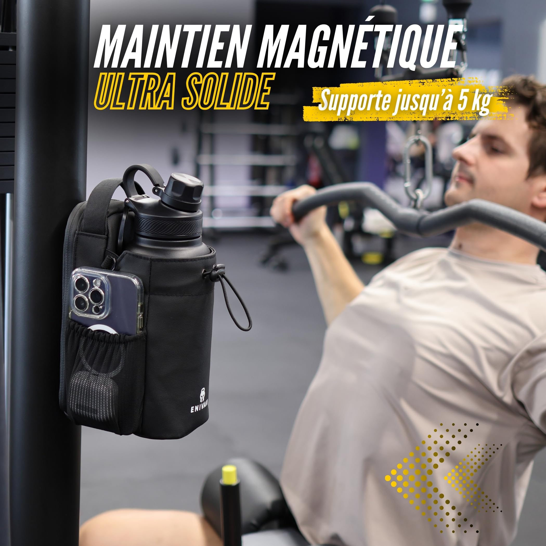 Sac Magnétique Sport avec Fixation Aimantée, Porte Bouteille et Gourde 1,5L, Porte Téléphone, Bandoulière Homme Femme, Mousqueton Clés, Sac Banane Gym, Musculation, Noir