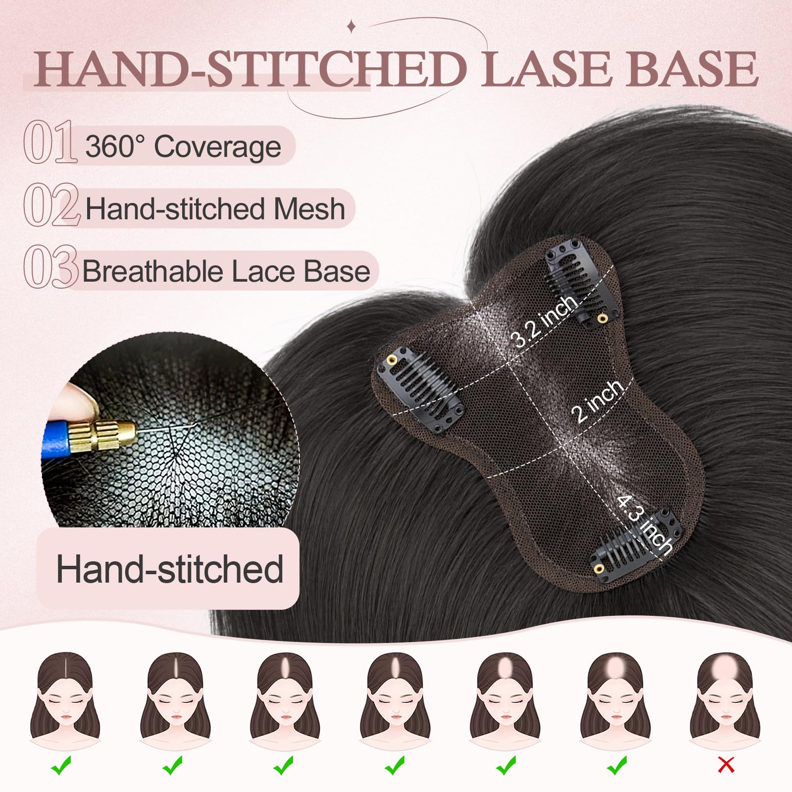 SEGOHAIR Hair Toppers for Thinning Women Real Human Hair 360°3D Coverage Hand-stitched Hairpieces Clip in Extension Add Volume,8x11 inch Natural Black,20g - Image 3