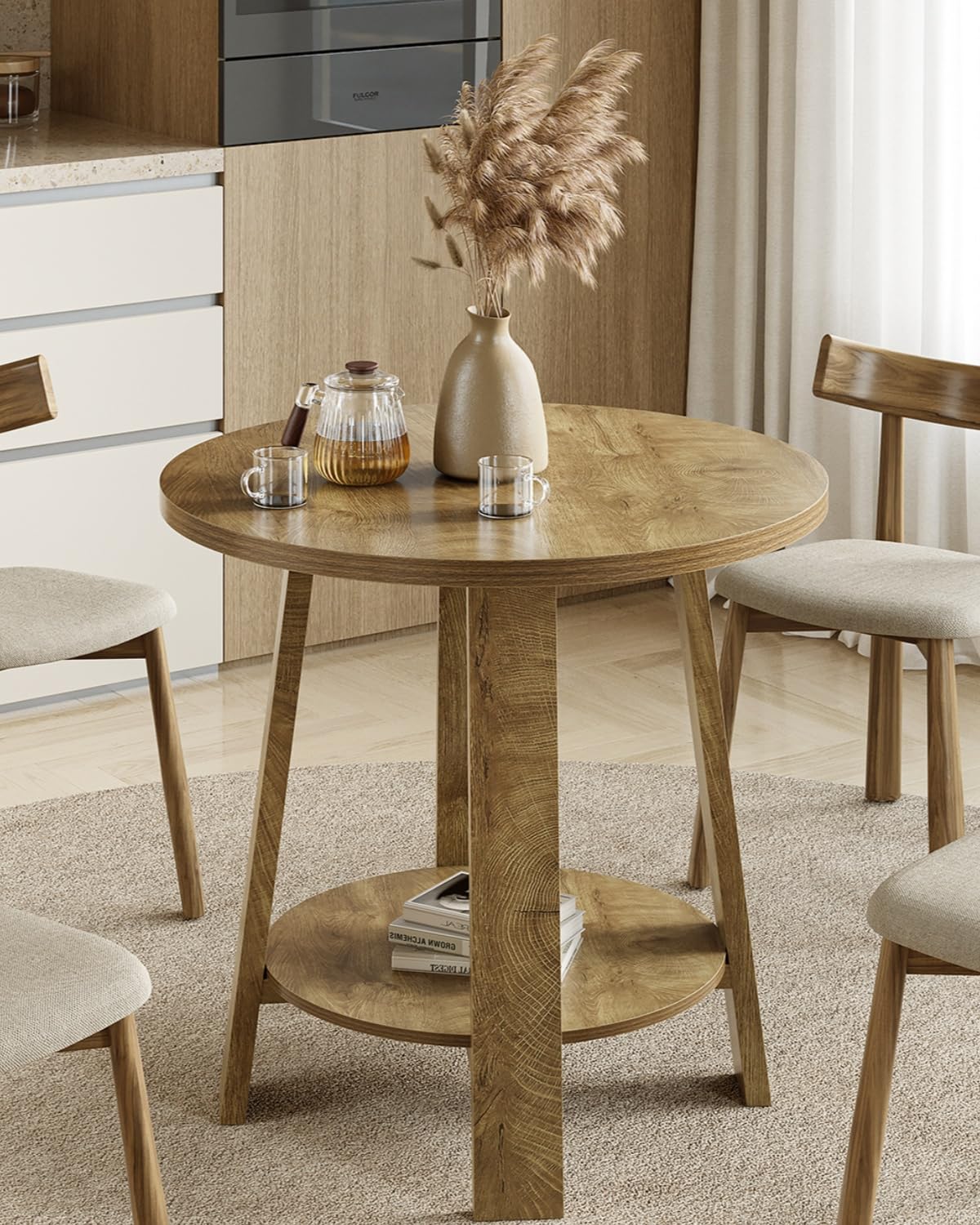 LITTLE TREE Small Dining Table for 2, 31.5-Inch Round Dining Table, Modern Farmhouse Kitchen Table with Practical Storage Shelf for Dining Room,