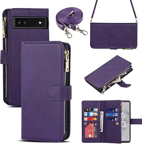 iCoverCase Funda tipo cartera para Google Pixel 6a con soporte para tarjetas, función atril, funda de piel sintética con cordón ajustable para
