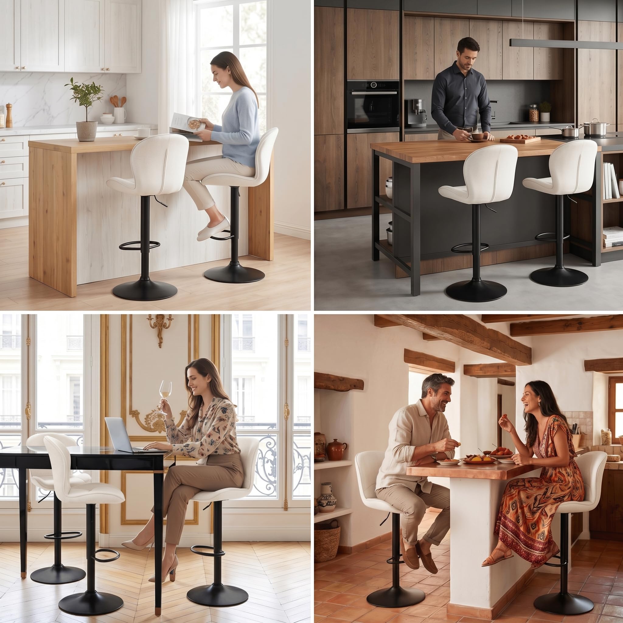 LEWE Tabourets de Bar Modernes Lot de 2, Réglables en Hauteur Chaise de Bar Pivotant à 360°, avec Dossier, Repose-Pieds Métallique pour Cuisine Bar, Salle à Manger, Salon-Beige
