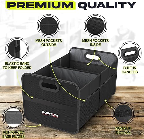 Vista 3 de FORTEM Organizador de maletero de automóvil, organizador plegable de dos compartimentos, almacenamiento plegable para SUV y camión para accesorios