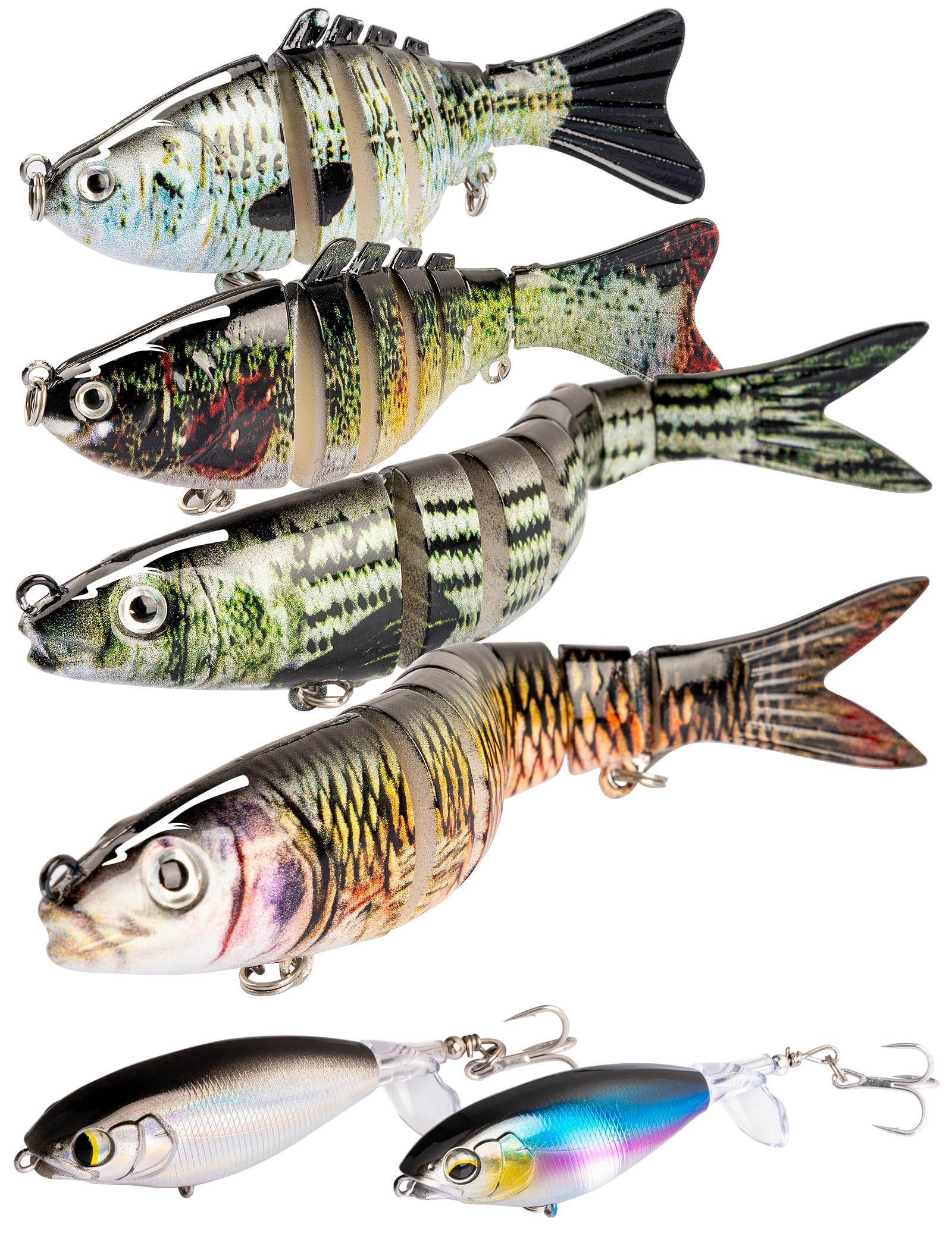 pullther 6 PCS Fishing Lure Sets, 4 PCS Segmented Swimbait Jointed 2PCS Lifelike Baits, 3D Artificial Lures with Hooks, Freshwater Saltwater Wobbler Slow Sinking Lures for Family Fishing