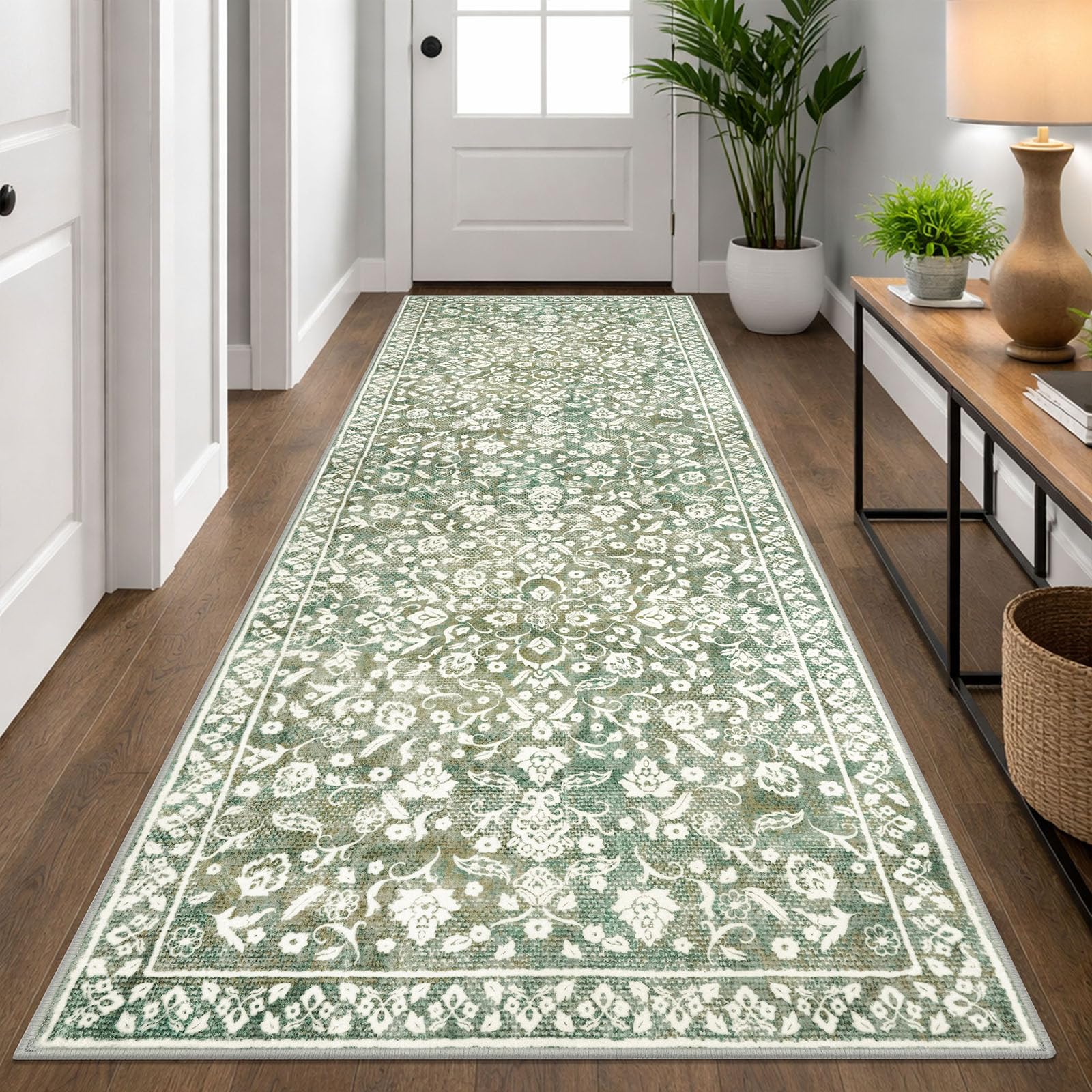 SILOLOOM Vintage 3x8 Hallway Rug, Sage Green Beige Washable Hallway Runner Rug Non Slip, Super Soft Kitchen Runner Rug, Print Faux Wool Floral Thin Carpet Runner for Entryway Indoor Bedroom — image 1