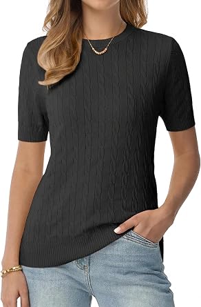 QUALFORT Womens Cable Knit Sweater Crew Neck Short Sleeve