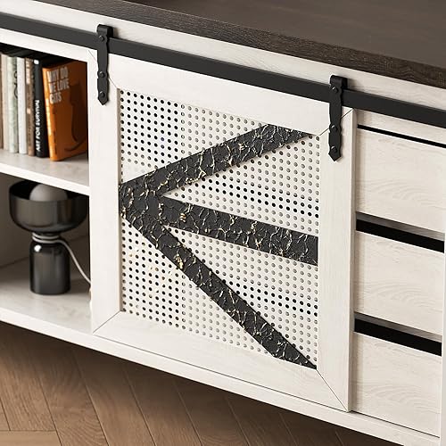 Miniatura 5 de VFK Soporte de TV de 60 pulgadas para televisores de hasta 65 pulgadas, consola multimedia rústica con puertas correderas de granero, 6 cajones,