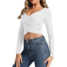 Womens Front Cross Wrap Crop Tops Deep V Neck Fitted Going Out T Shirts