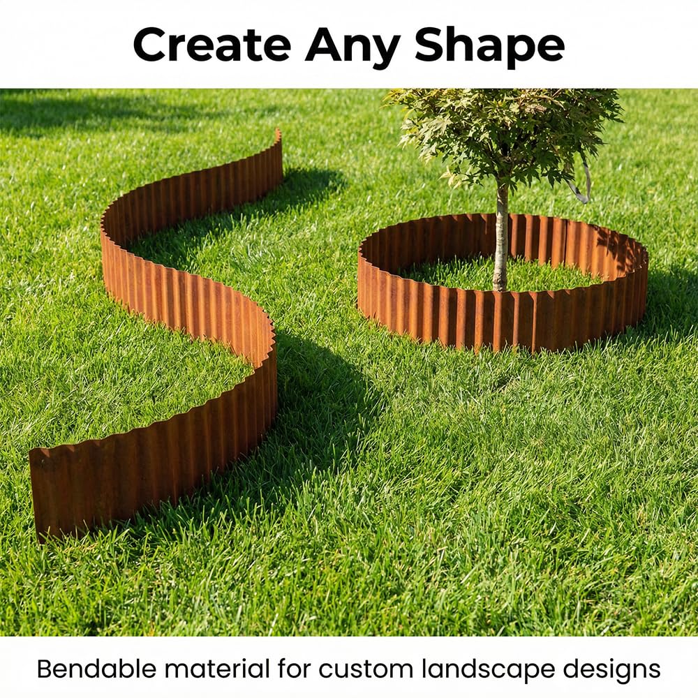 Bordure Corten Jardin Exterieur 12 m, Bordure de Jardin Metal Hauteur 15 cm, Bordure Jardin Exterieur Metal Rouille, Bordure de Gazon Ondulée en Rouille