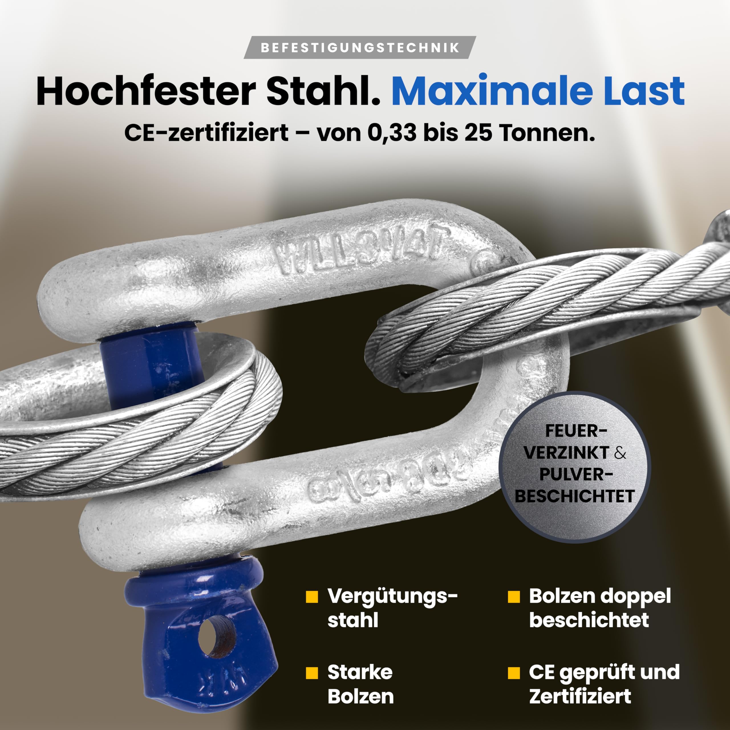 Hochfester Geschweifter Schäkel 3,25t Tragkraft 4 Stück - Feuerverzinkter Stahl WLL 3,25 Tonnen