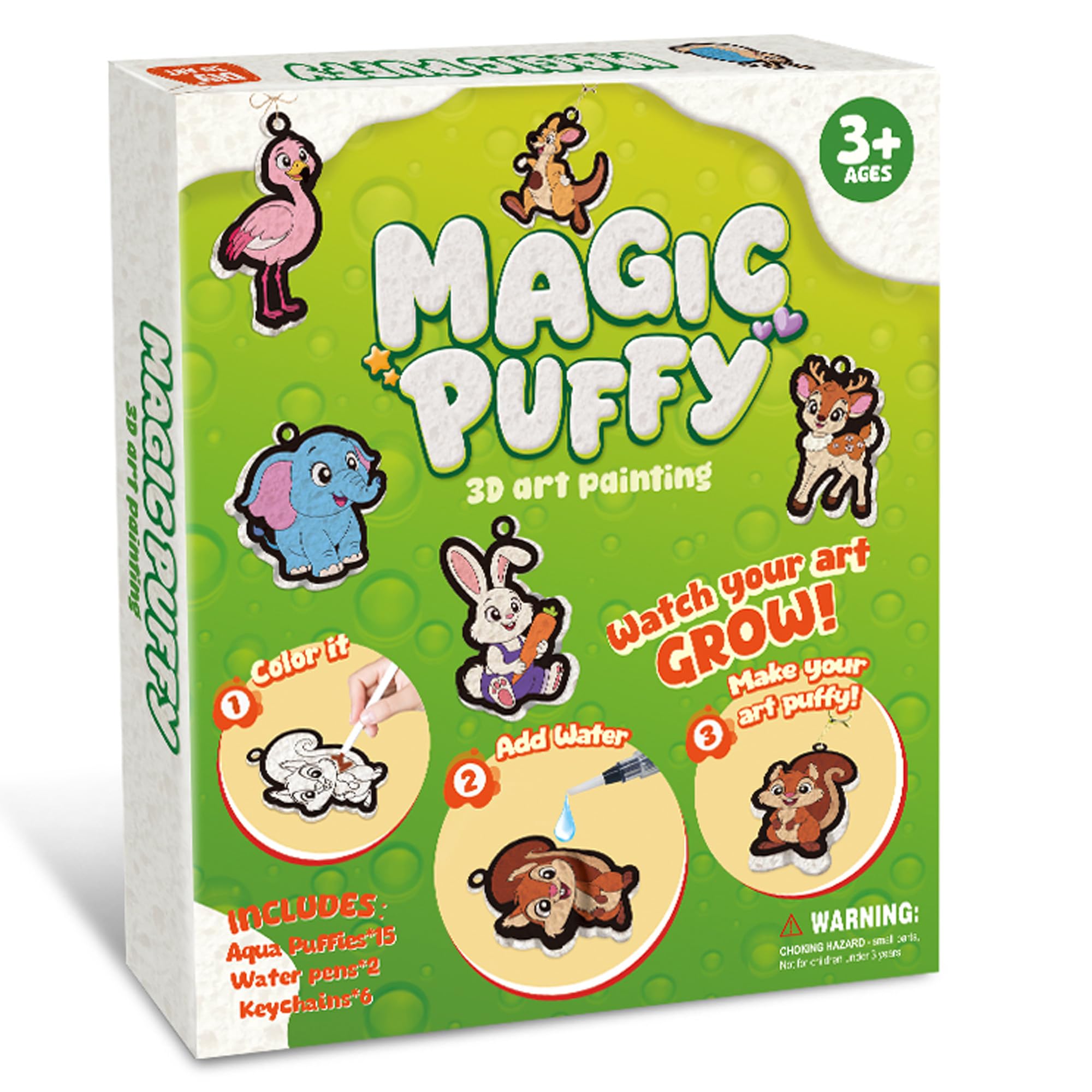 3D Art Kit Aqua Magic Puffs Animals, 15 Mess-Free Paint by Number Craft for Kids, DIY Coloring Kits,Christmas&amp;Travel Gifts &amp; Stocking Stuffer for Girls and Boys, Art Projects with Puff Markers