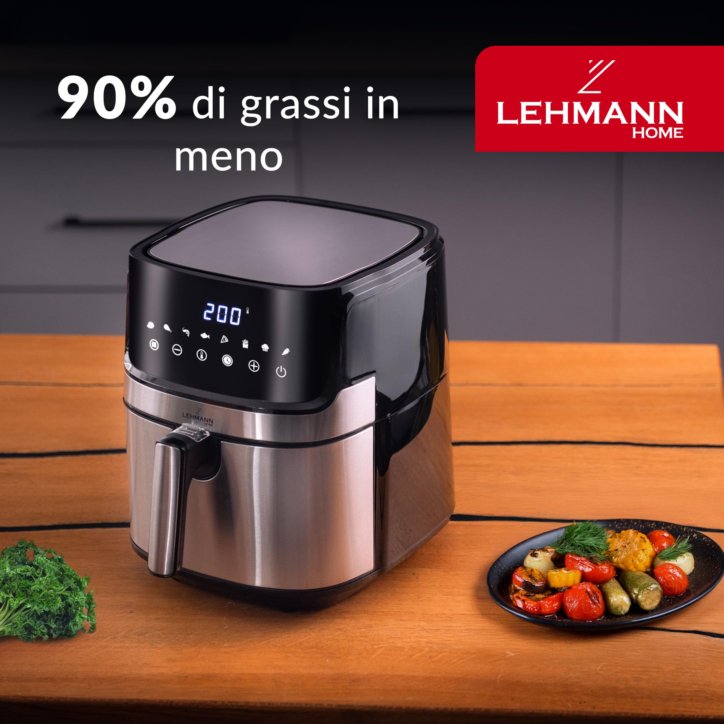 LEHMANN Friggitrice ad aria 6,5L, Air Fryer mit 8 Programmi, Cassetto Antiaderente di Grande Capacità, Display Touch, Timer, Temperatura Regolabile 80–200 °C, Cassetto Lavabile in Lavastoviglie