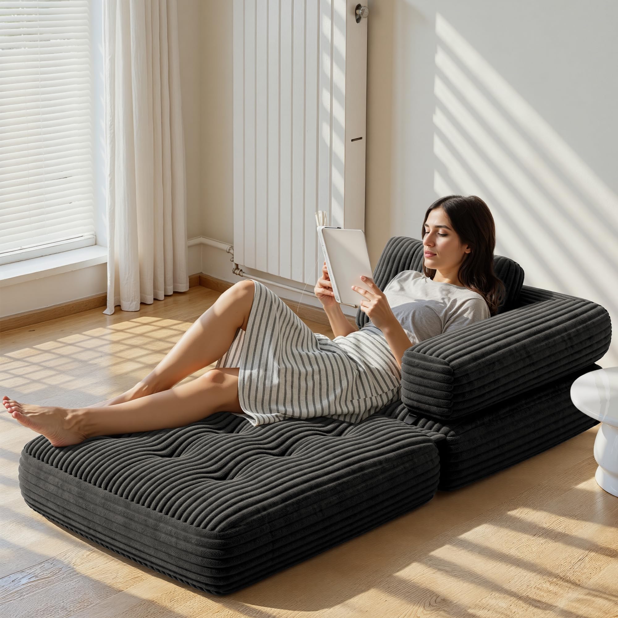 Xbro Canapé-lit Pliable avec Accoudoirs en L, Fauteuil Convertible en Lit 2 en 1 Portable pour Petits Espaces, Tissu Velours Côtelé avec Rembourrage en Mousse, 170 x 85 cm, Déplié,Noir