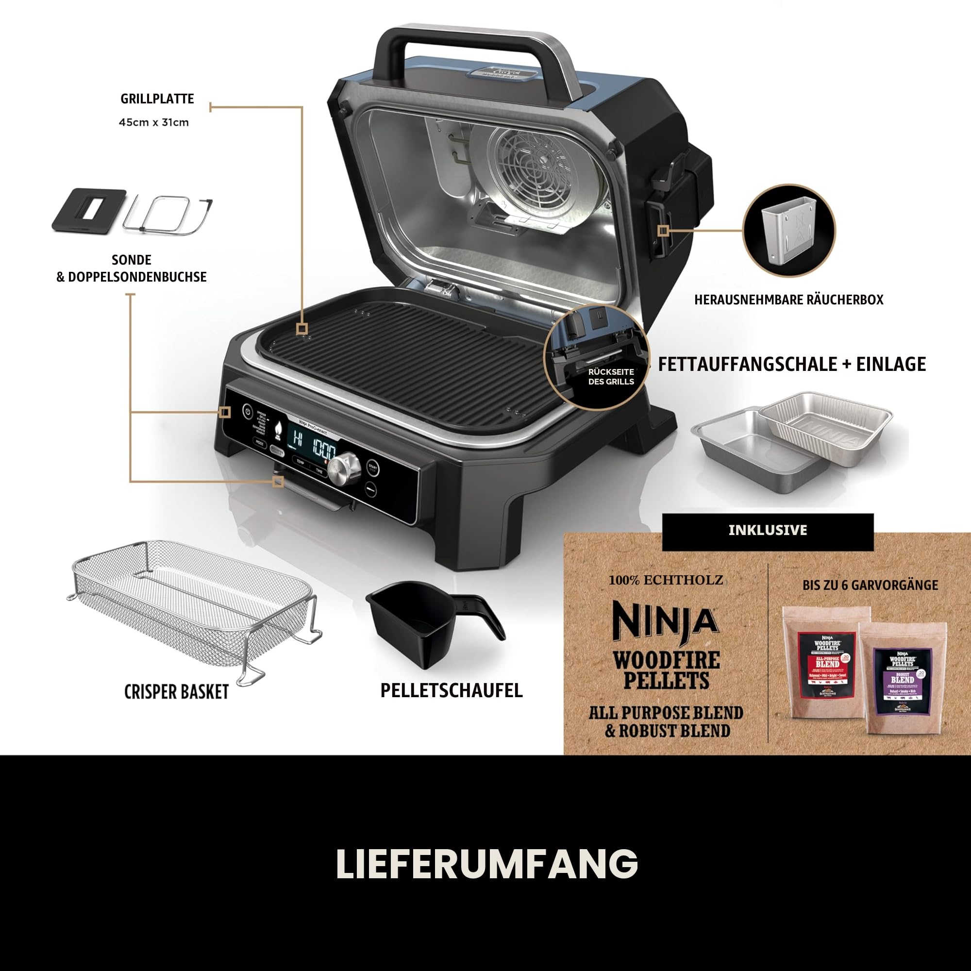 Ninja Woodfire Pro Connect XL Elektrischer Grill und Smoker mit App-Steuerung, digitaler Sonde, großer 7-in-1 Outdoor Grill und Luftfritteuse mit Woodfire Pellets