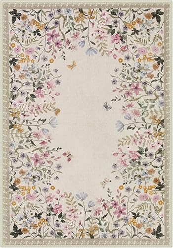 Miniatura 8 de Wonnitar Alfombra lavable de 5 x 7 pies para sala de estar, alfombra grande con estampado floral, alfombra antideslizante para mesa de comedor,
