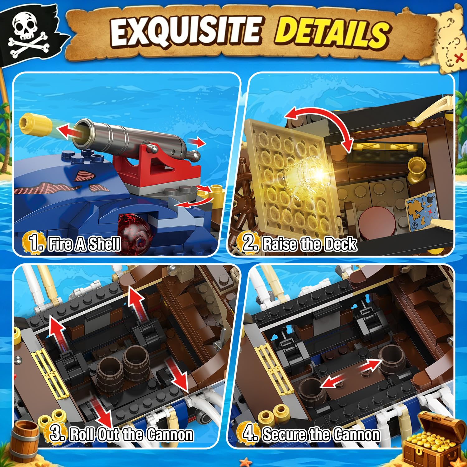 HiWEEGO Technik - Kit di costruzione a forma di nave pirata con luce LED, per bambini di 8 anni | 887 pezzi, oceano mobile, avventura, barca dei pirati, set di giocattoli con squalo, regalo per bambini da 8 a 12 anni in su