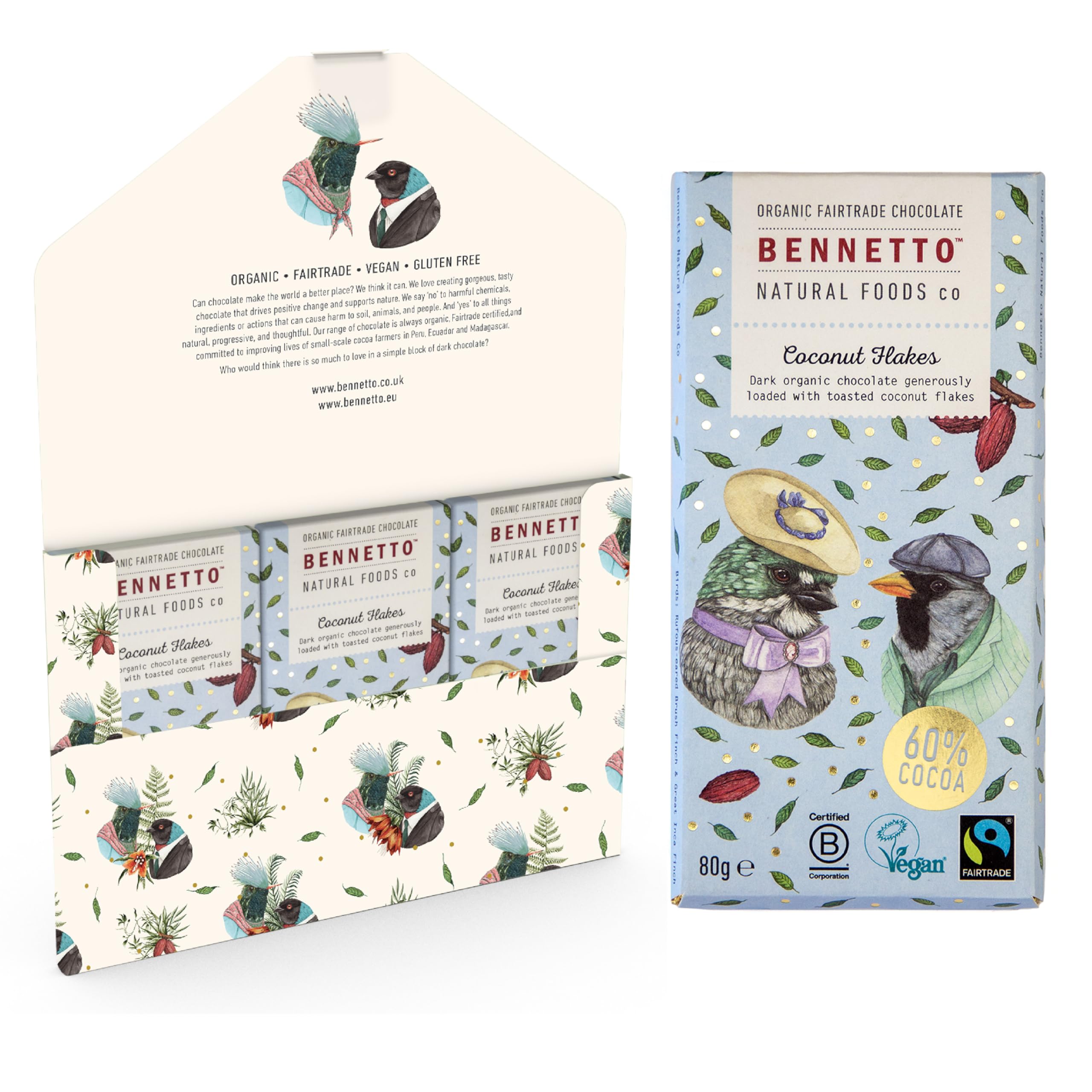 Coconut Flakes Dark organic chocolate loaded with toasted coconut flakes. 60% cocoa. Certified organic, Fairtrade, and net climate positive. Beautiful gifts for everyone. 3x 80g Full Size Bars.