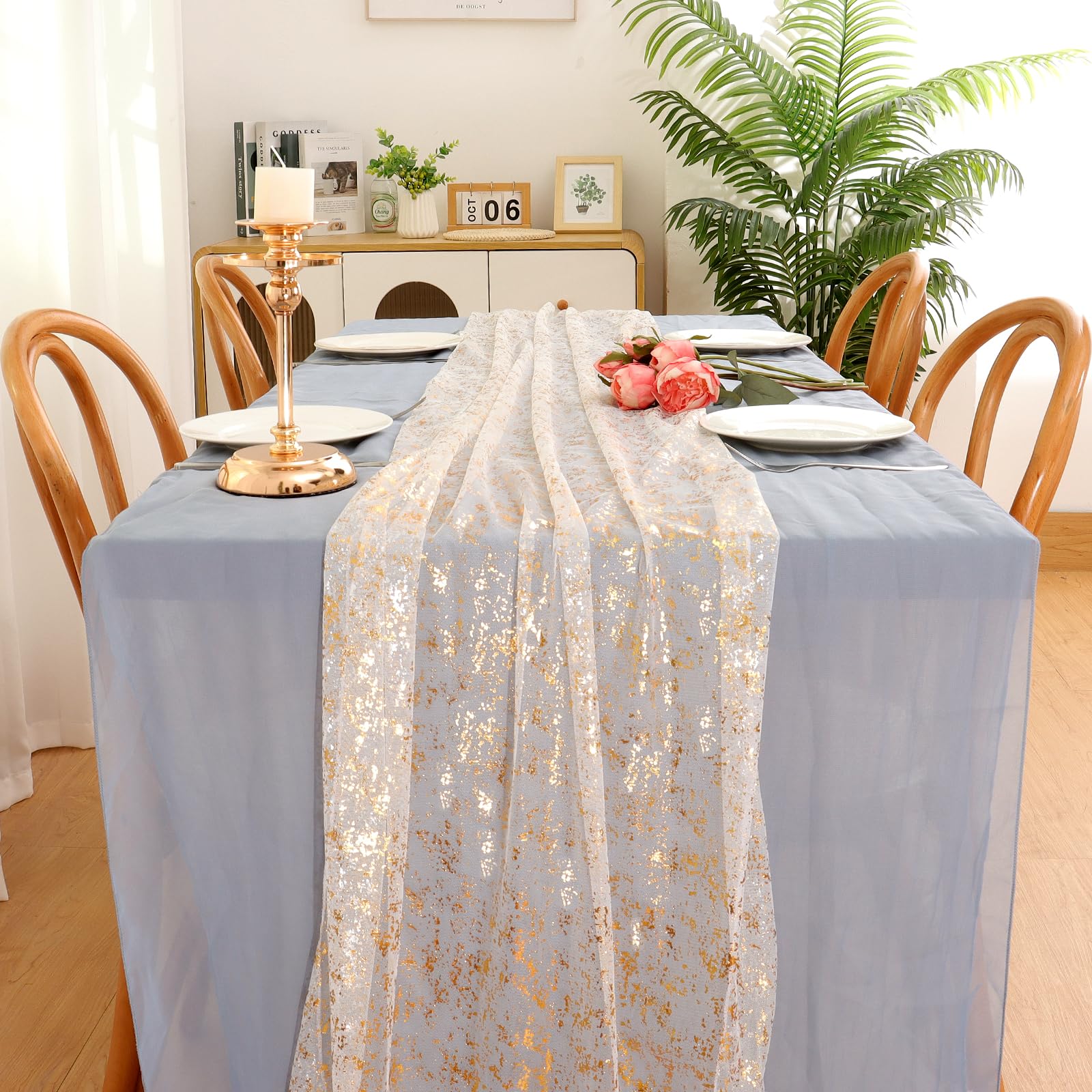 LOMOHOO Tafelloper, beige en goudkleurig gaas, 70 x 300 cm, glitter tule tafelloper, goudkleurige folie pure kaasdoek voor dineren, bruiloft, verjaardag, Kerstmis, bruidsfeest, babyshower