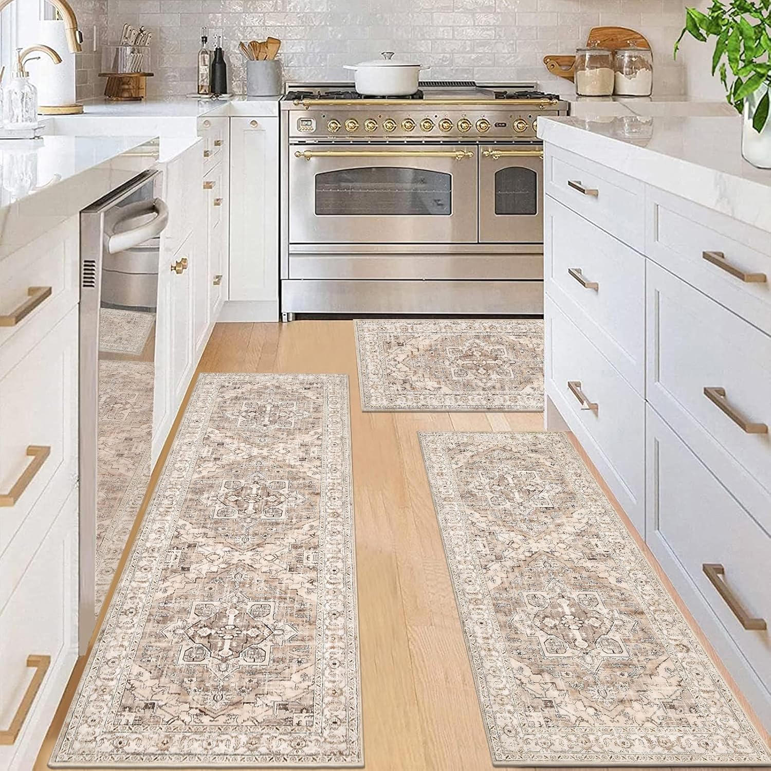 Pauwer Kitchen Mats for Floor 3 Piece Set Boho Non Slip Kitchen Rugs Washable Farmhouse Kitchen Floor Mats Thick Long Kitchen Throw Area Rug Carpet Runner for Hallway Entryway Laundry Bathroom, Beige