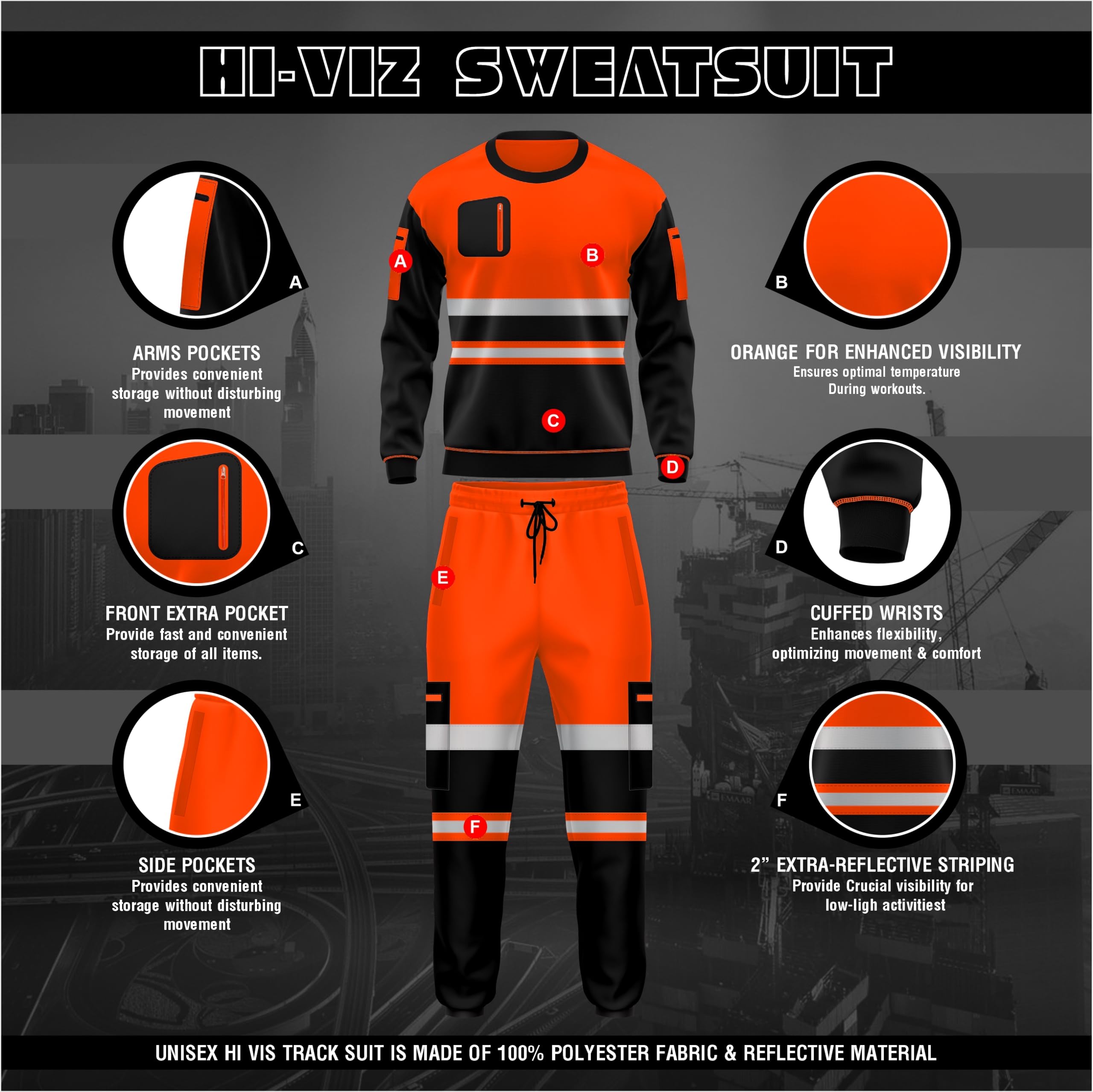 Set tuta da lavoro in pile ad alta visibilità, orlo aperto, pantaloni con risvolto, tasche con coulisse, felpa a maniche lunghe, set di pantaloni e top di sicurezza, Arancione e nero., XXL