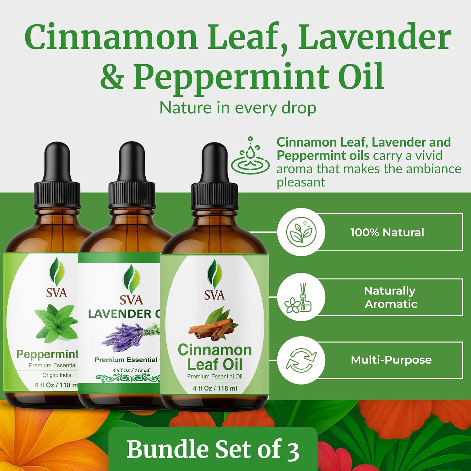 SVA Cinnamon Leaf, Lavender and Peppermint Essential Oil 4oz Bundle Super Saver Combo – Premium Grade Value Set for Aromatherapy, Scalp Massage, Hair Care, Skin & Body
