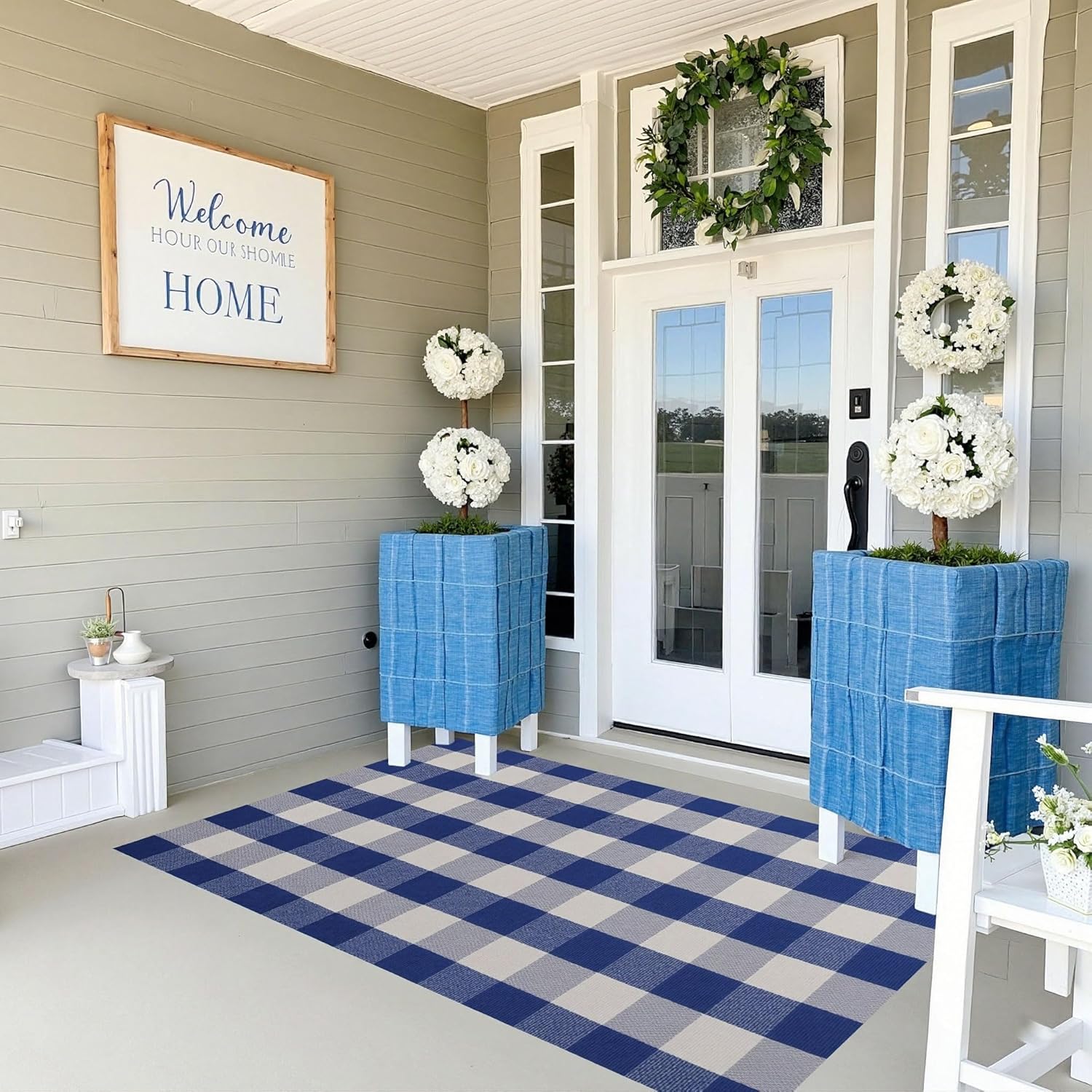 SEEKSEE Buffalo Plaid Outdoor Rug 3' x 5' Blue and White Front Door Mat, Layering Rug for Porch, Summer Doormat, Front Porch Rug for Outdoor Entrance Entryway Patio Porch Decor