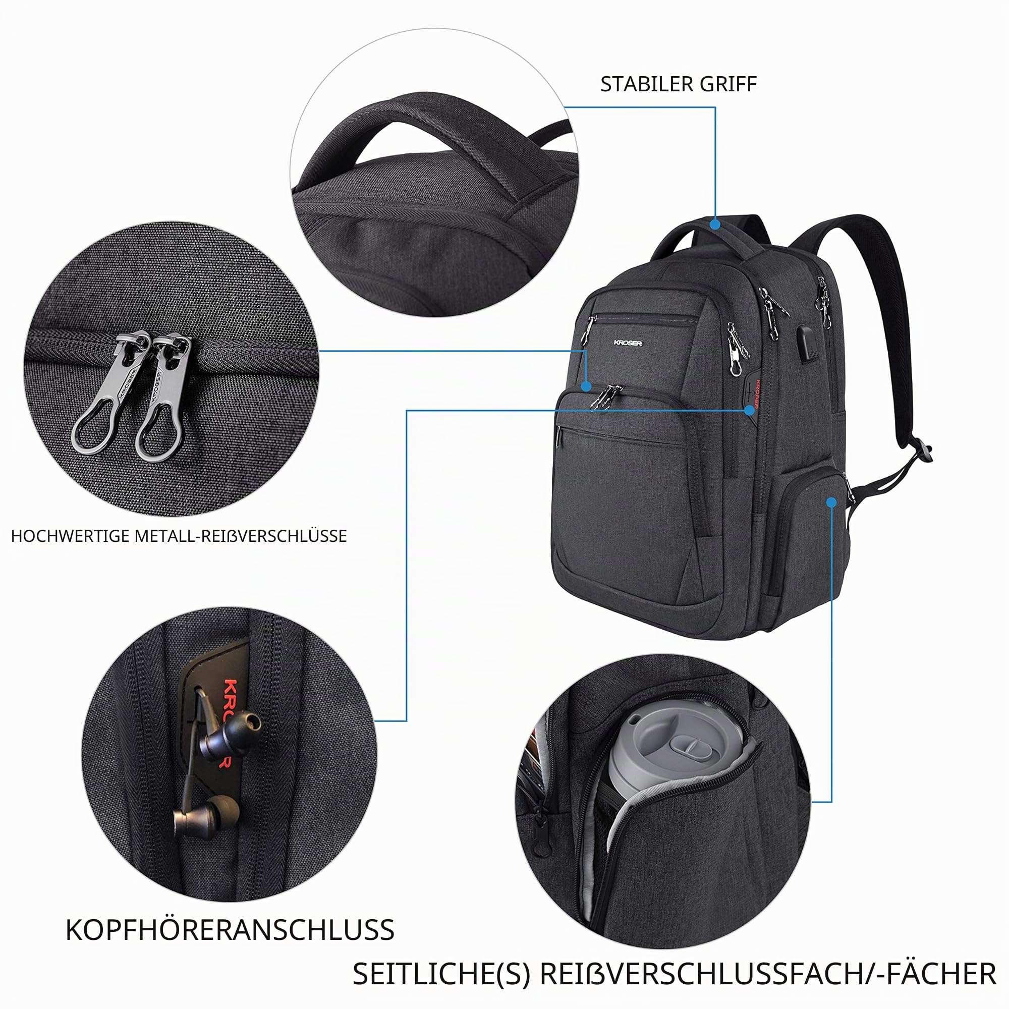 KROSER Laptop Rucksack 17-17,3'' Business Rucksack Schulrucksack