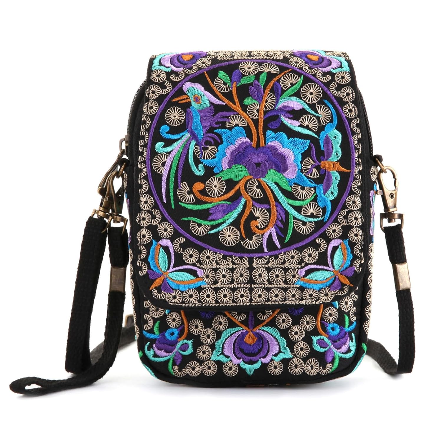 Embroidery Flowers Canvas Crossbody Bag Women Messenger Bag Cellphone Pouch Purse