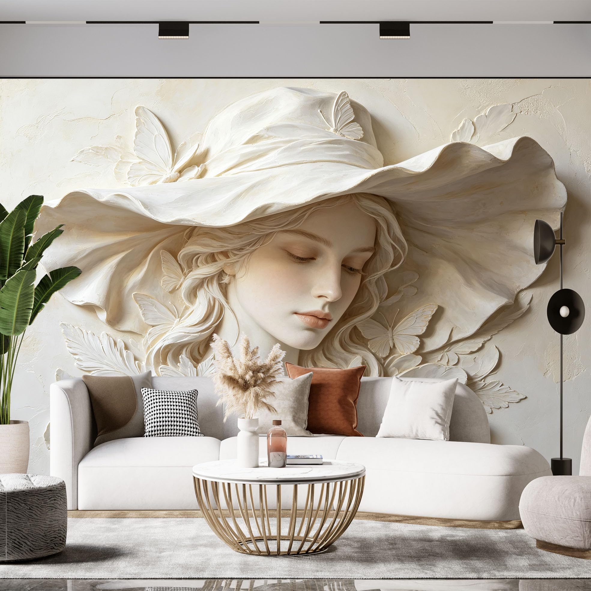 Papel Pintado Fotográfico En Relieve 3D De Una Dama Con Sombrero Y Mariposa 250 × 175 Cm Elegante Escultura De Mujer Mural De Pared No Tejido Papel Pintado De Arte Clásico Personalizado Para Dorm