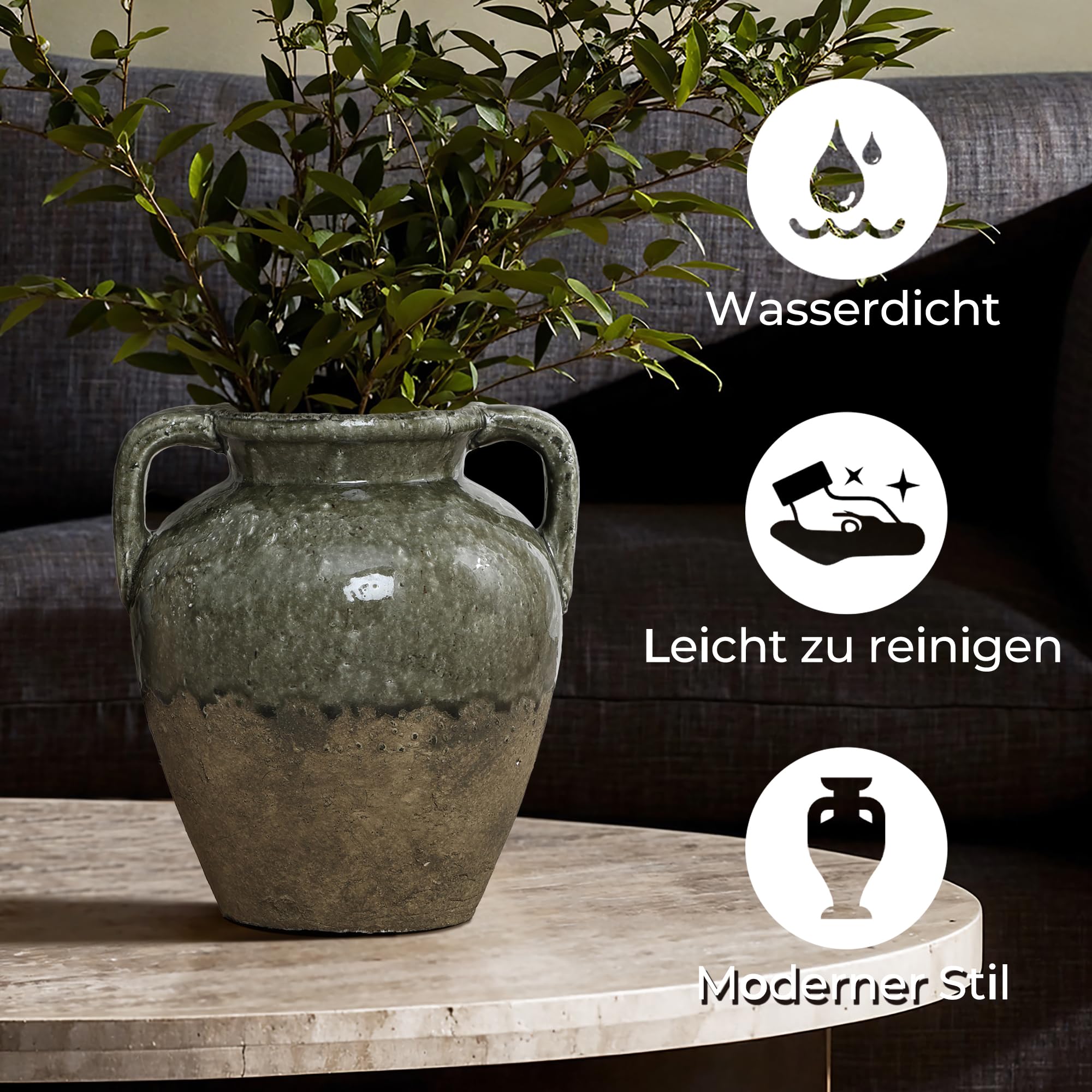 Hometopia Vintage Vase Groß aus Keramik, Zweifarbige Amphore in Moosgrün & Naturstein-Optik, Rustikale Dekovase für Herbstzweige & Trockenblumen, 29cm Höhe