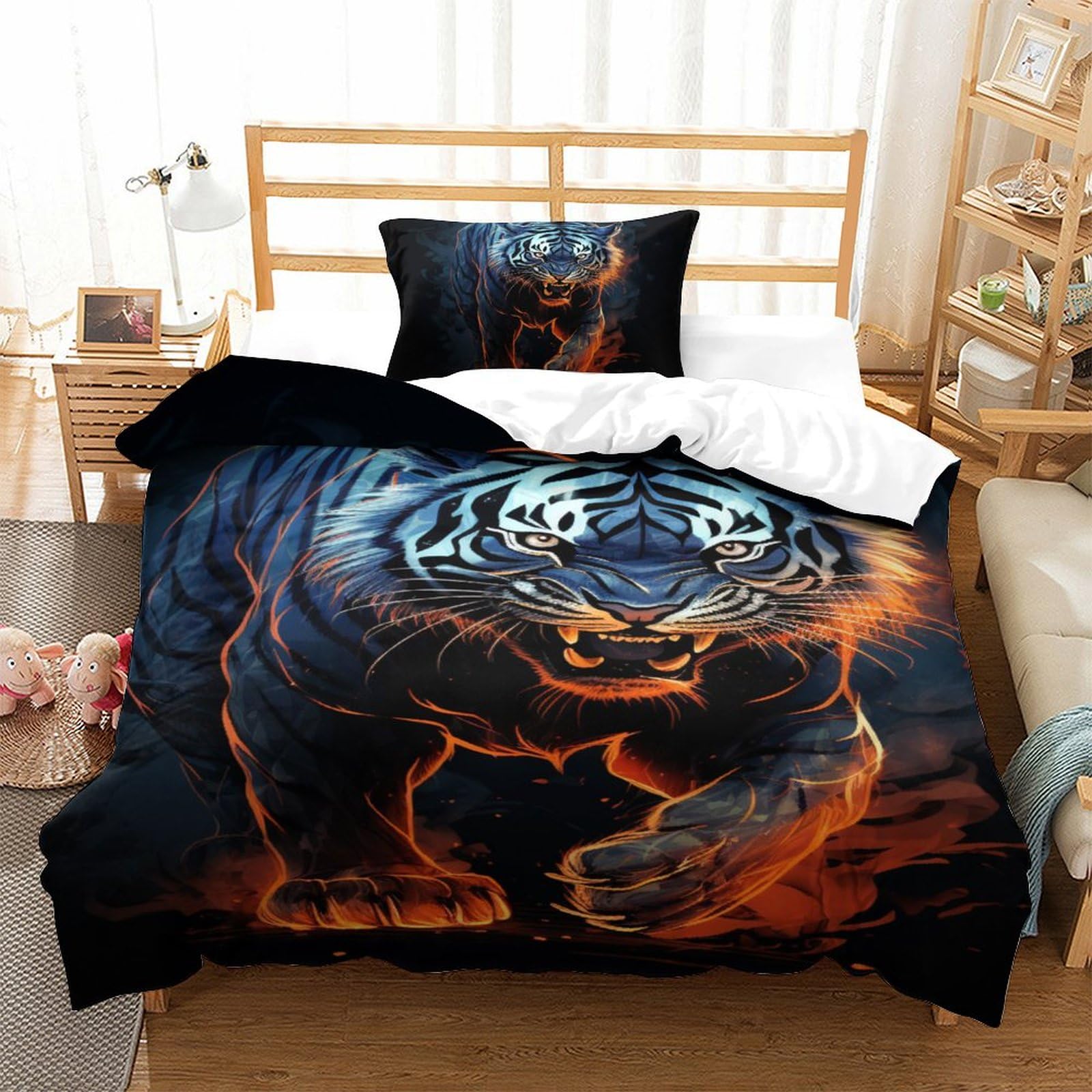 Housse de couette tigre imprimé 3D microfibre 2 pièces 135x200 pour lit enfant et ado