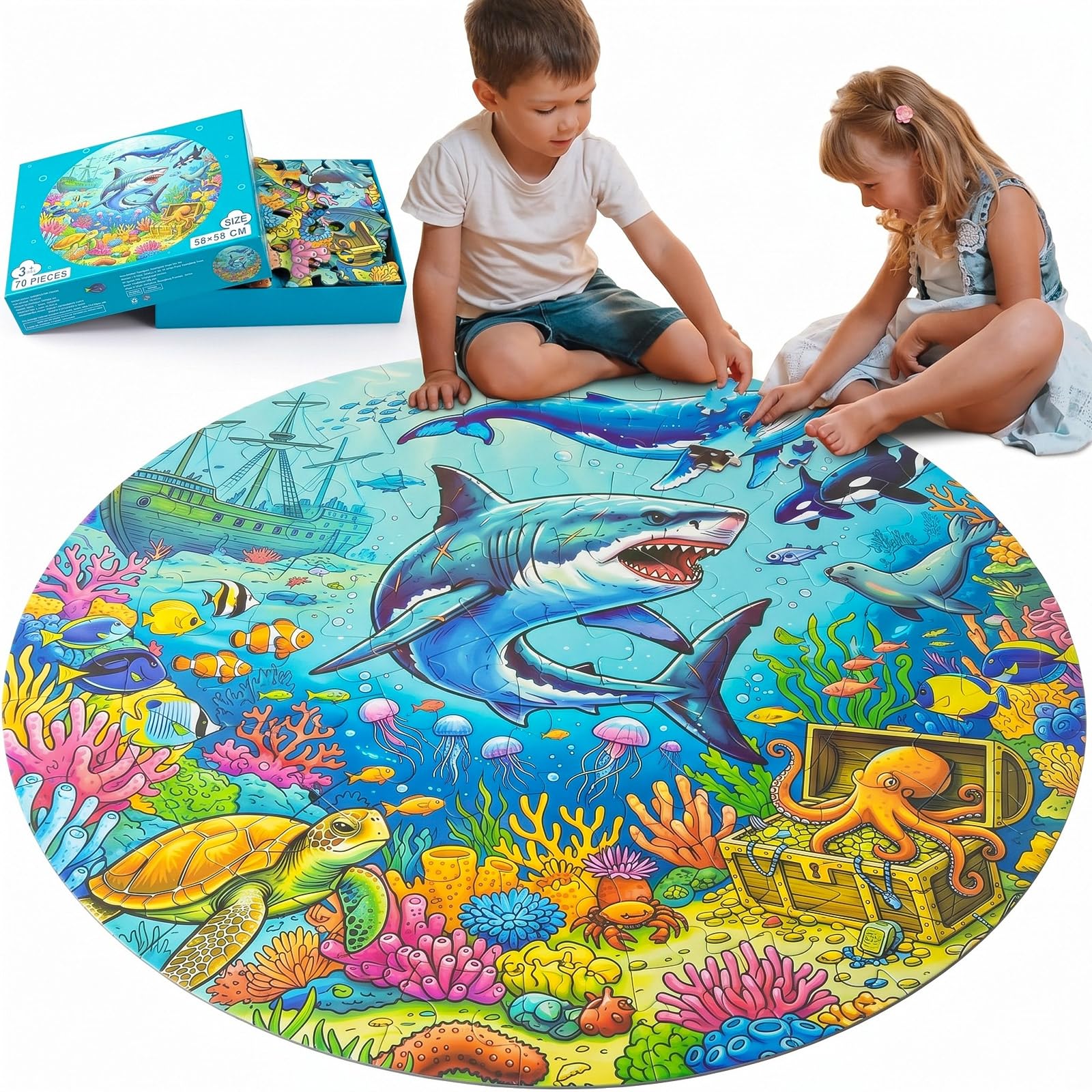 70 Piece Round Jumbo Floor Puzzle for Kids Ages 3-5, Ocean