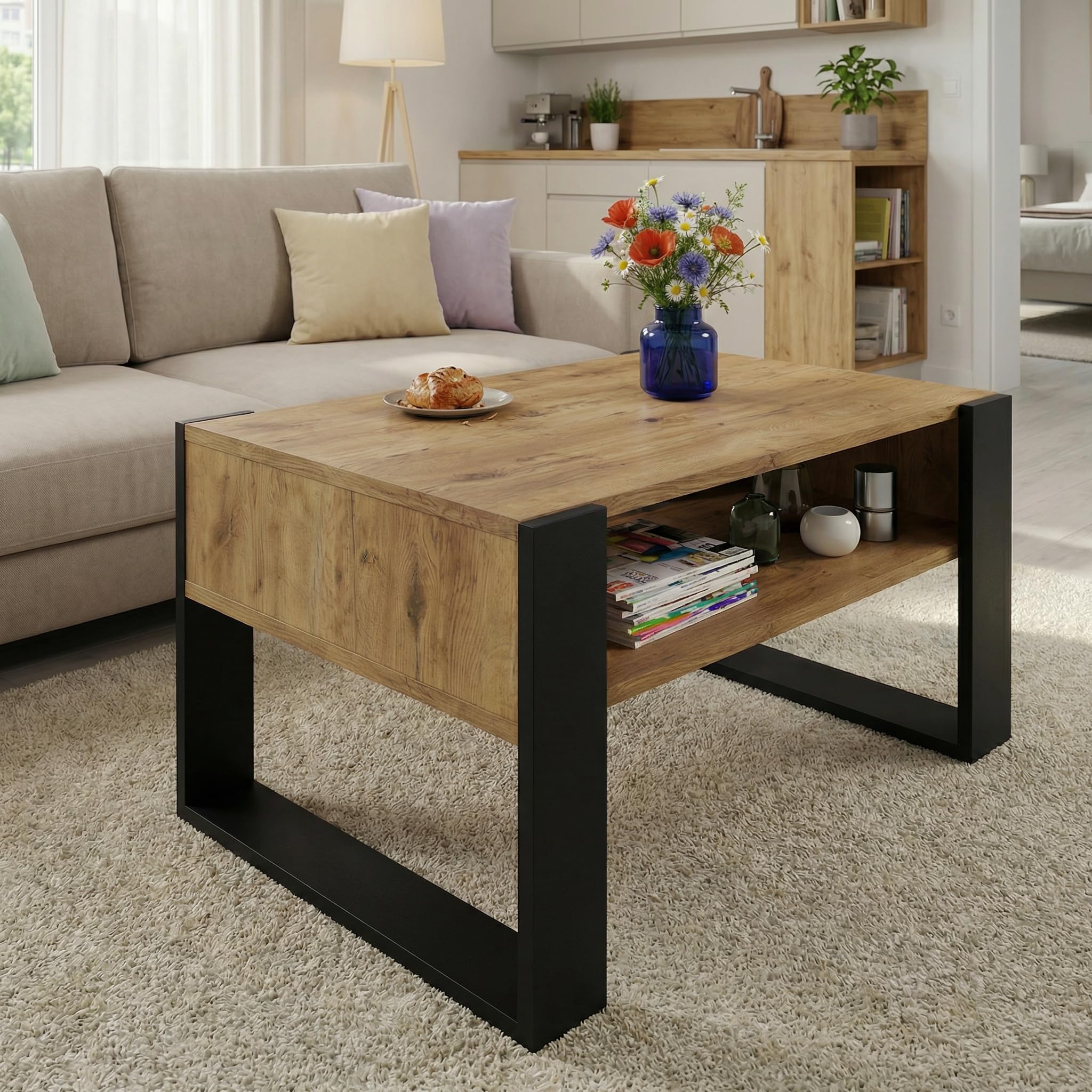 CraftPAK Wohnzimmer Tisch für Couch aus hochwertigem Holz, moderner Couchtisch mit zusätzlicher Ablagefläche, Sofatisch für Wohnzimmer, Farbe Retro-Schwarz