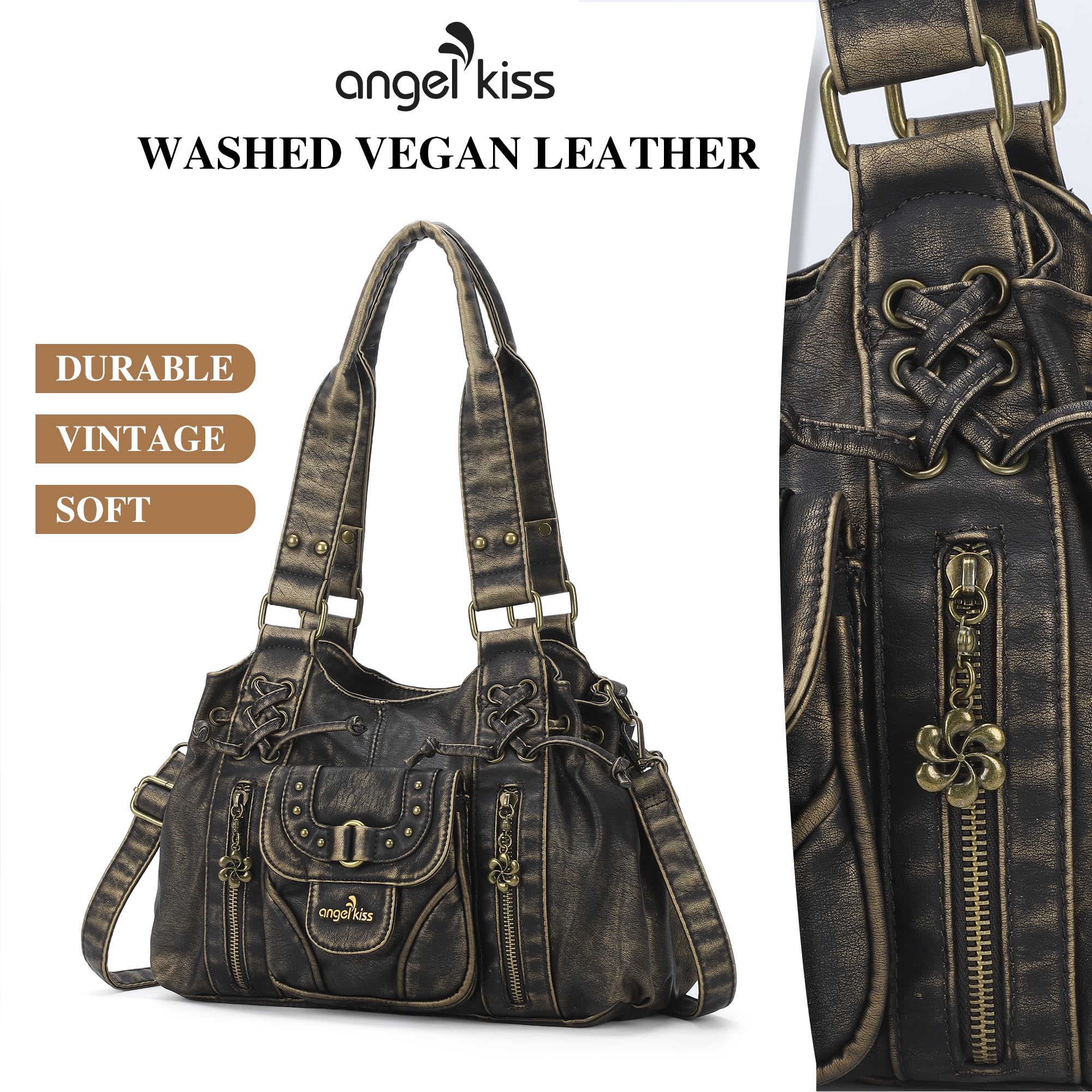 Angel Kiss Piccola borsa hobo da donna in pelle lavata retrò borsa a tracolla spaziosa con manici superiori borse con tracolla rimovibile