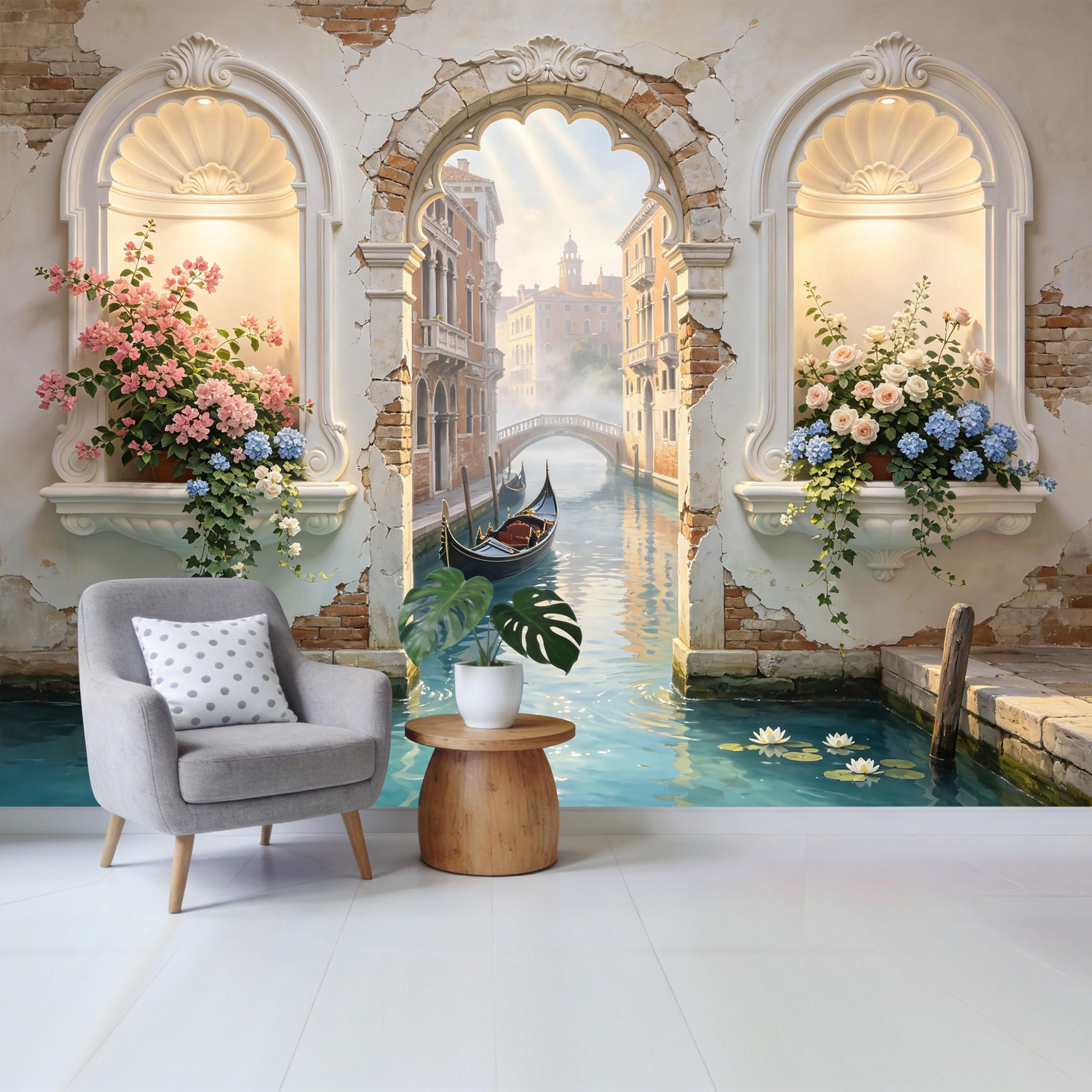 Removable Self Adhesive Fabric Mural， Venetian Canal Gondola Architectural Arch Custom Size Wall Covering， UV Protected Waterproof Washable Wall Decor for Living Room Bedroom Bathroom