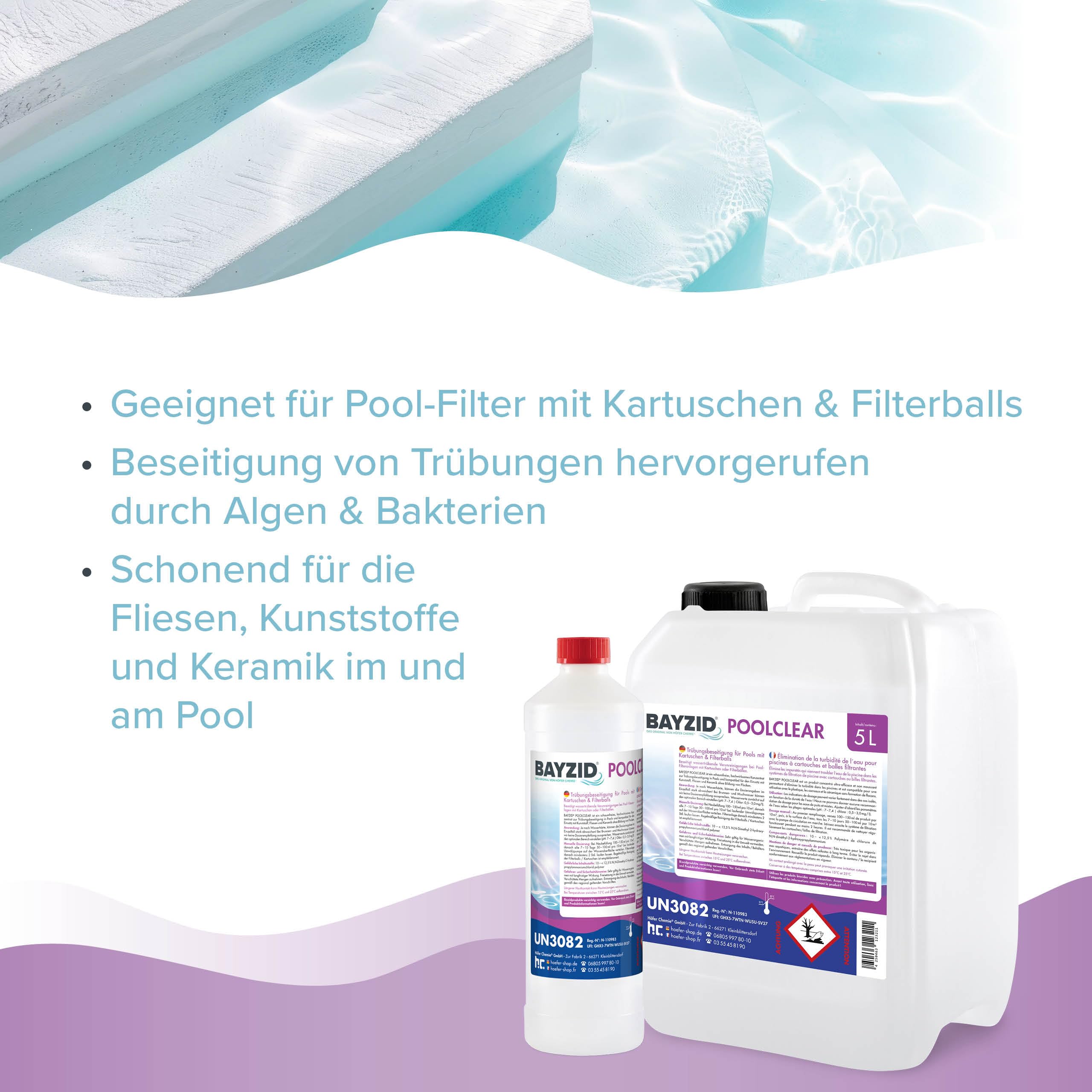 1 x 5 L BAYZID® Poolclear - Trübungsbeseitigung für Pool Filter mit Kartuschen & Filterballs/Filterbälle