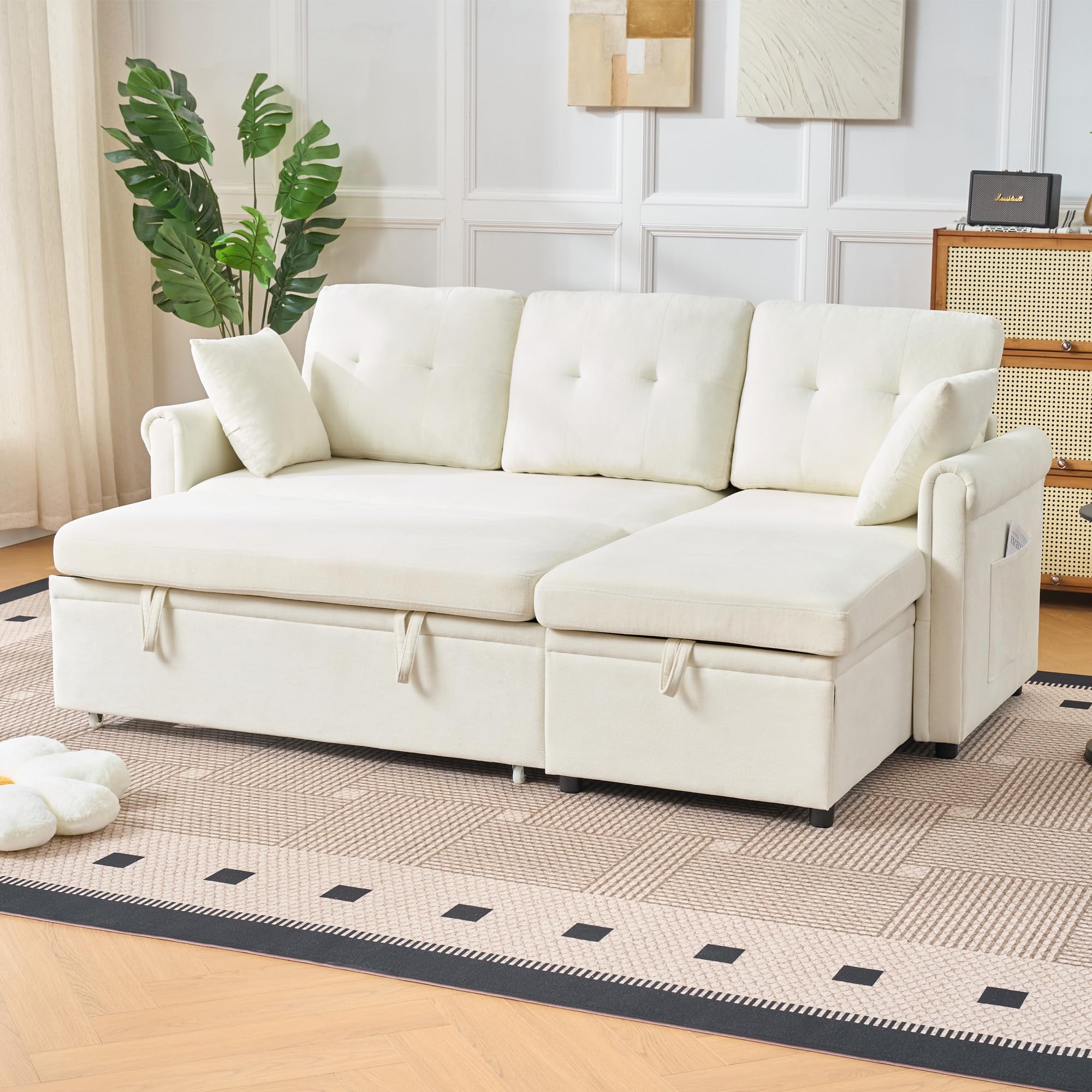 Sofa narożna z funkcją spania i skrzynią na pościel, szenilowa beżowa, 206 x 130 x 85 cm