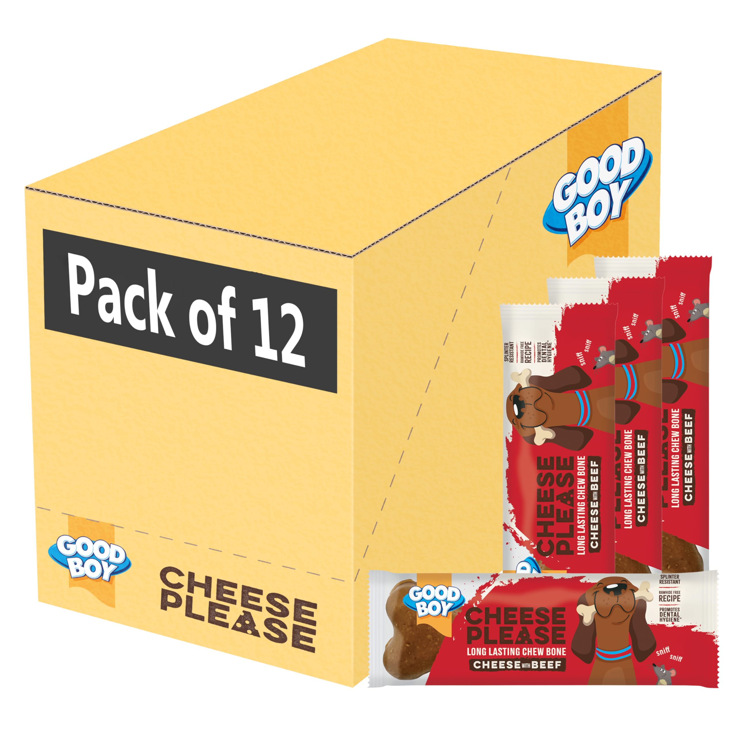 Good Boy Cheese Please With Beef - Splinter Resistant Hard Cheese Dog Treats - Low Fat and High in Protein - Bulk Box x 12 Chews
