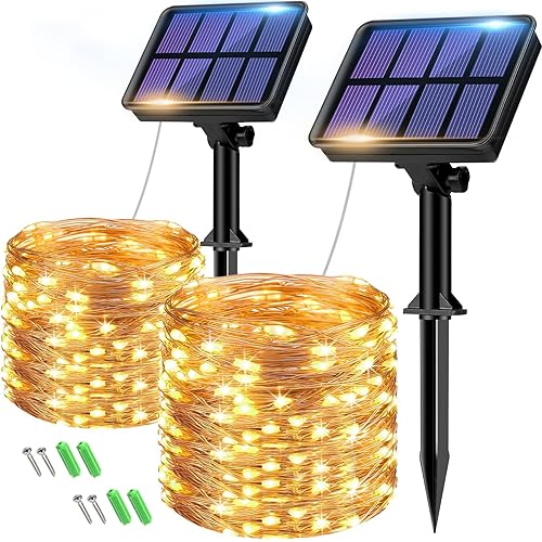 btfarm 2 Pack Solar String Lights Outdoor Garden Waterproof, Total 16M/53FT 160 LED Solar Powered Fairy Lights, 8 Modes Copper Wire Lights for Patio Yard Party Christmas - Warm White - 2 Pack-8m