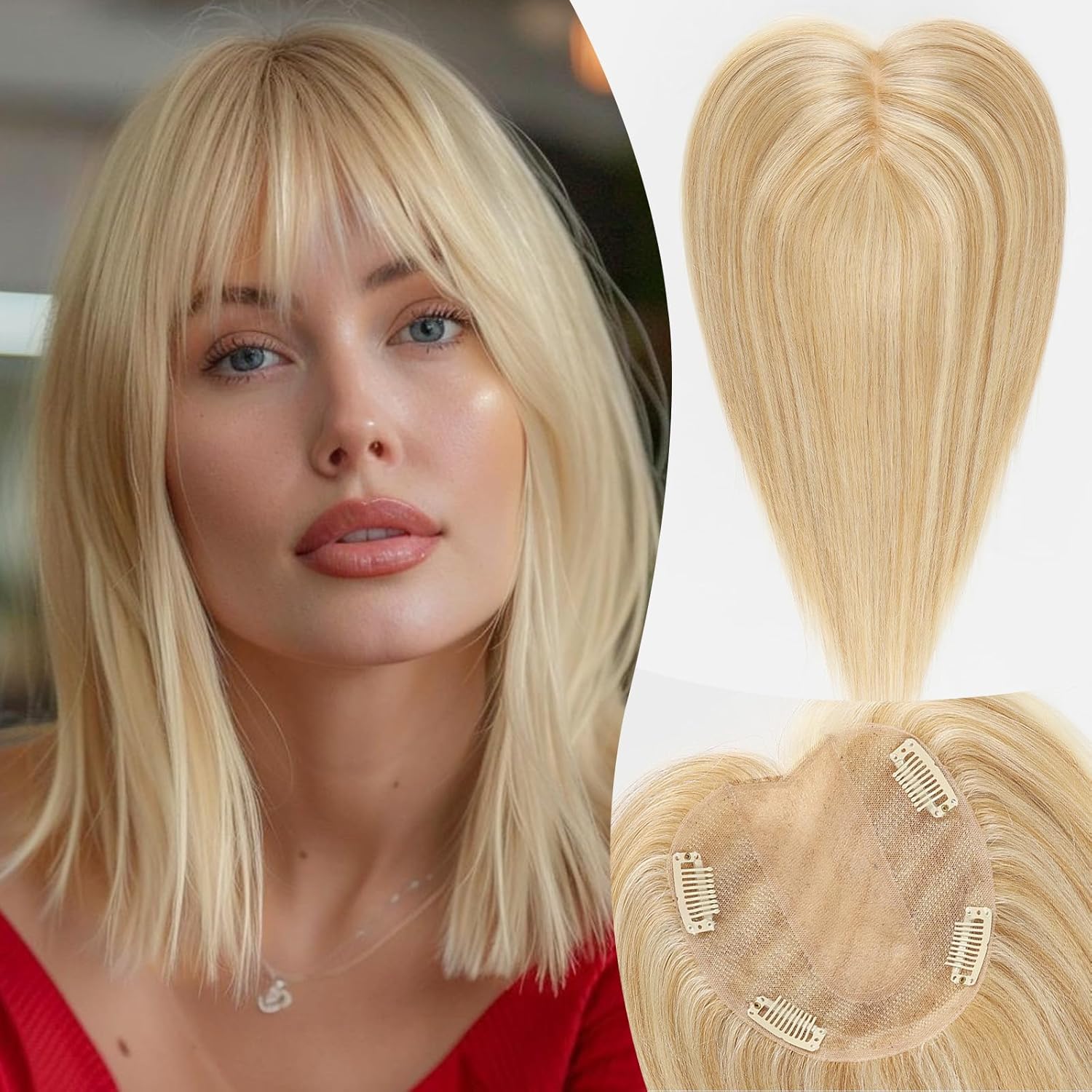 EMMOR Real Hair Toppers for Women Human Hair Toppers for Thin Hair with Bangs 5″×5.5″ Hand-woven Skin Scalp Silk Base Cover 14inch Top Hair Pieces Wiglets for Women with Hair Loss(Mixed Blonde)