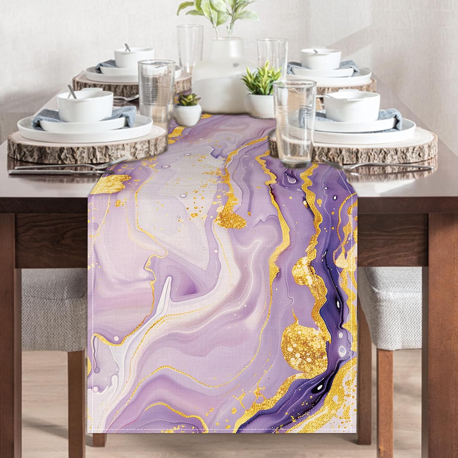 Purple Gold Marble Texture Dining Table Runner, Modern Abstract Fluid image 5