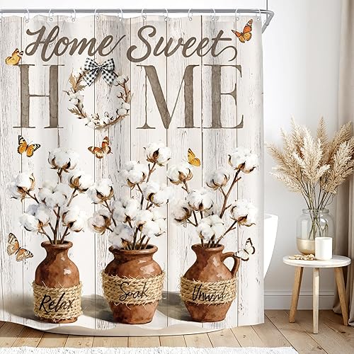 KOMLLEX Rustic Farmhouse Shower Curtain for Bathroom Decor 60Wx72L Inches Cotton Vase Flowers Butterfly Retro Wooden Country Cottage Plants Fabric