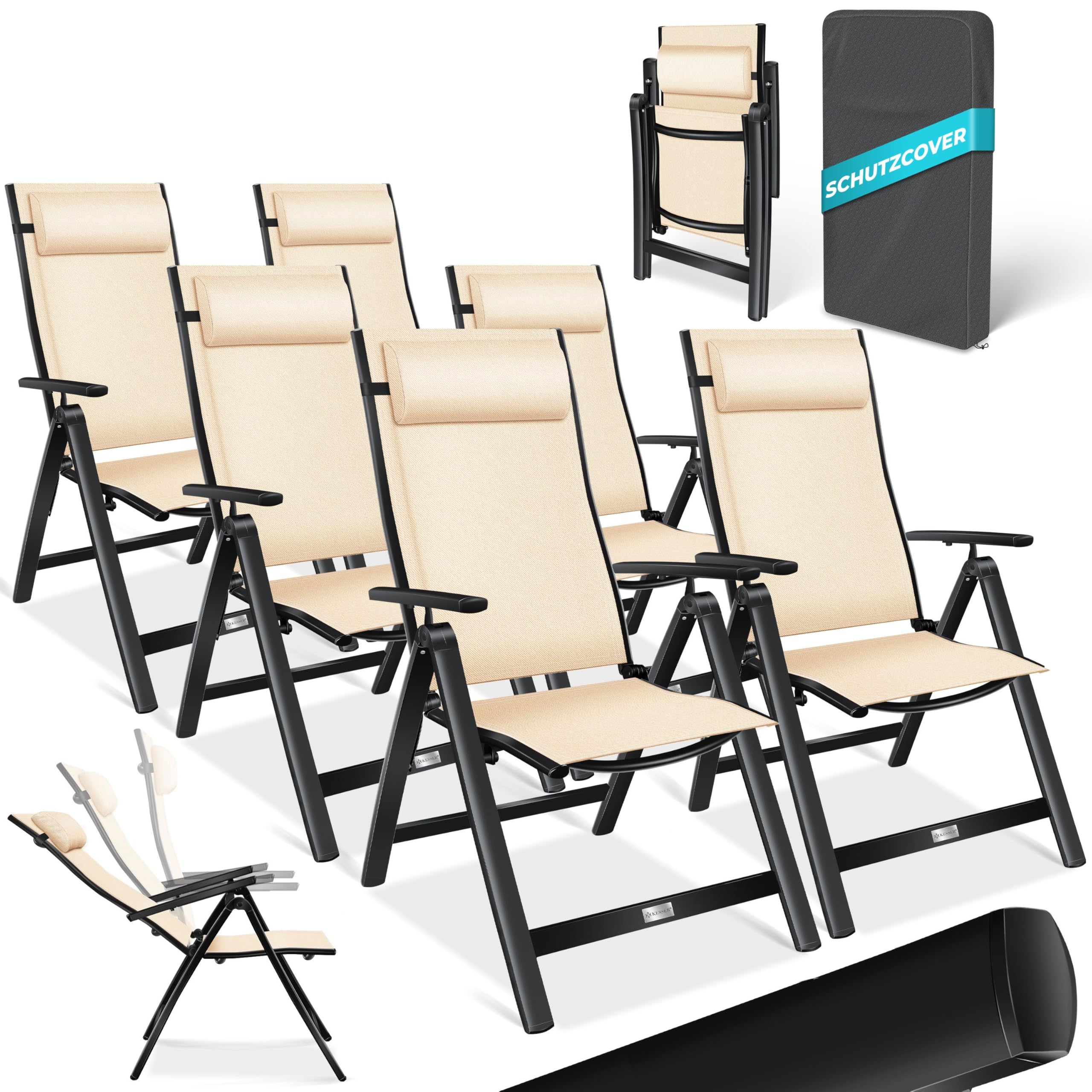 KESSER® Gartenstuhl Hochlehner mit Armlehnen 6er Set Aluminium Klappstuhl mit Kopfkissen & Abdeckung Campingstuhl 7-Fach Verstellbar Rückenlehne Atmungsaktiv Wetterfest Klappbar Anti-Rutsch, Beige