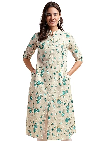 SOURBH Women's A Line Flex Cotton Floral Printed Kurti Only (K9594-Cream,Teal-M)