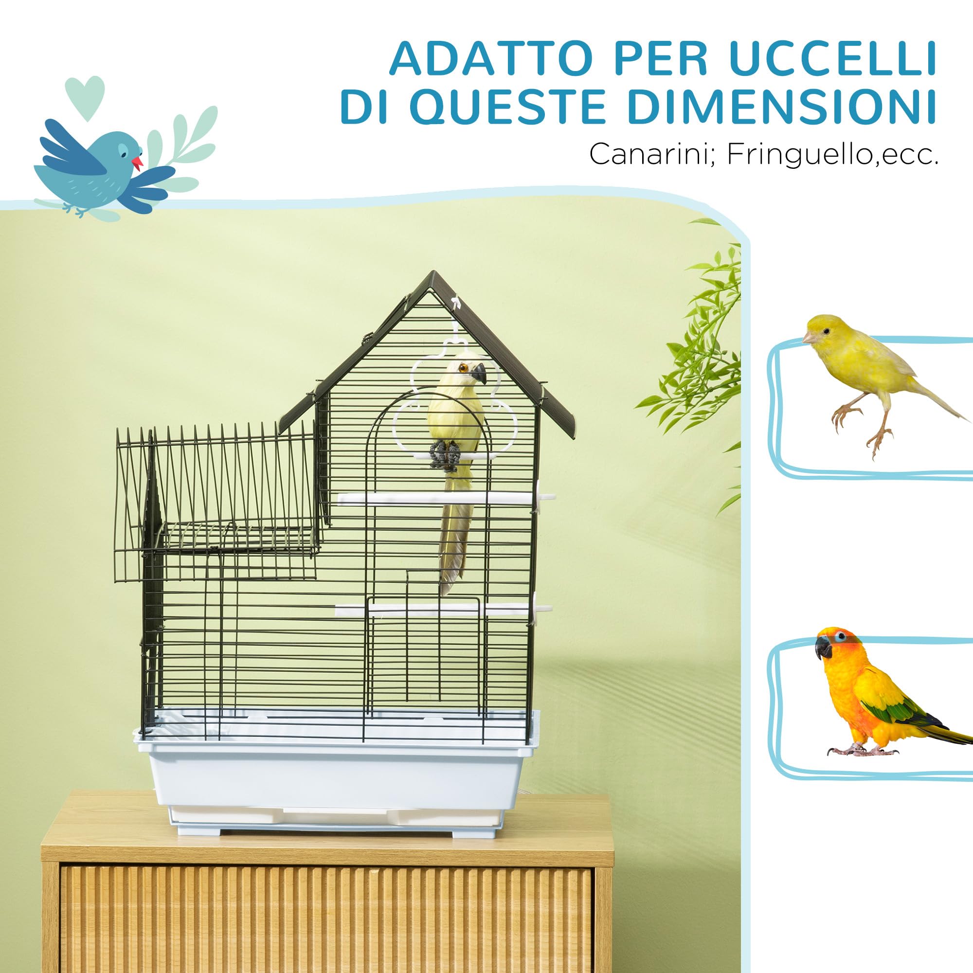 PawHut Gabbia per Uccelli con Vassoio Estraibile, Voliera Per Uccelli in Metallo e Plastica con Pioli e Altalena, 39x33x47cm, Bianco