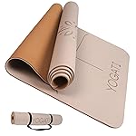 YOGATI Non Slip Yoga Mat with Alignment Lines. Home Workout Mat for Women, Men and Kids. Thick Yoga Mats with Strap for Pilates and Fitness. Brown Yoga Mat.