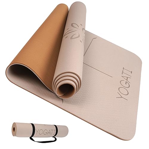 YOGATI® Yoga Mat with Strap with Alignment Lines. Home Workout Mat for Women, Men and Kids. Thick Non Slip Yoga Mat for Pilates and Fitness. Brown, Pink and Purple Yoga Mats