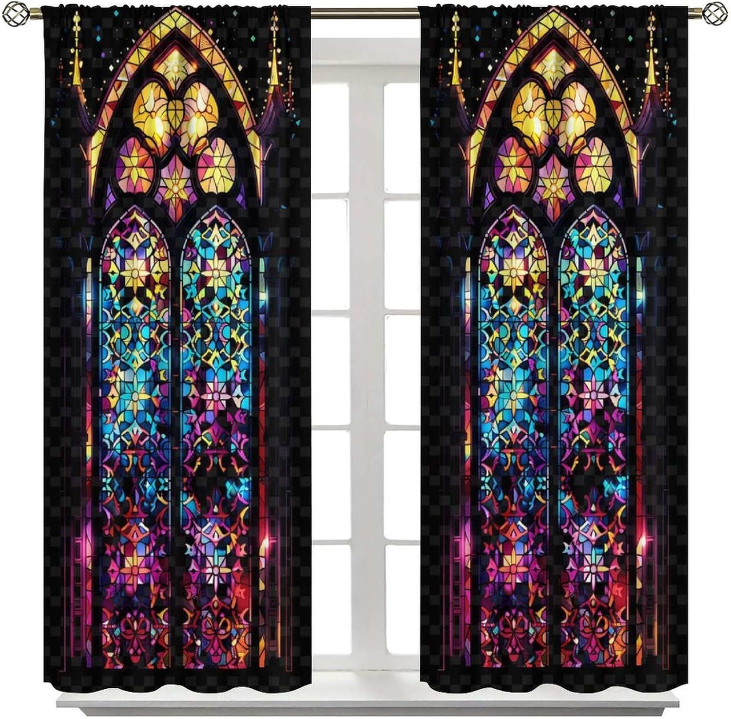 Stained Glass Curtains, Mid Century Colorful Abstract Geometry Vintage Window Treatments for Bedroom Living Room Kitchen Home 2 Panel, 63x72 Inch